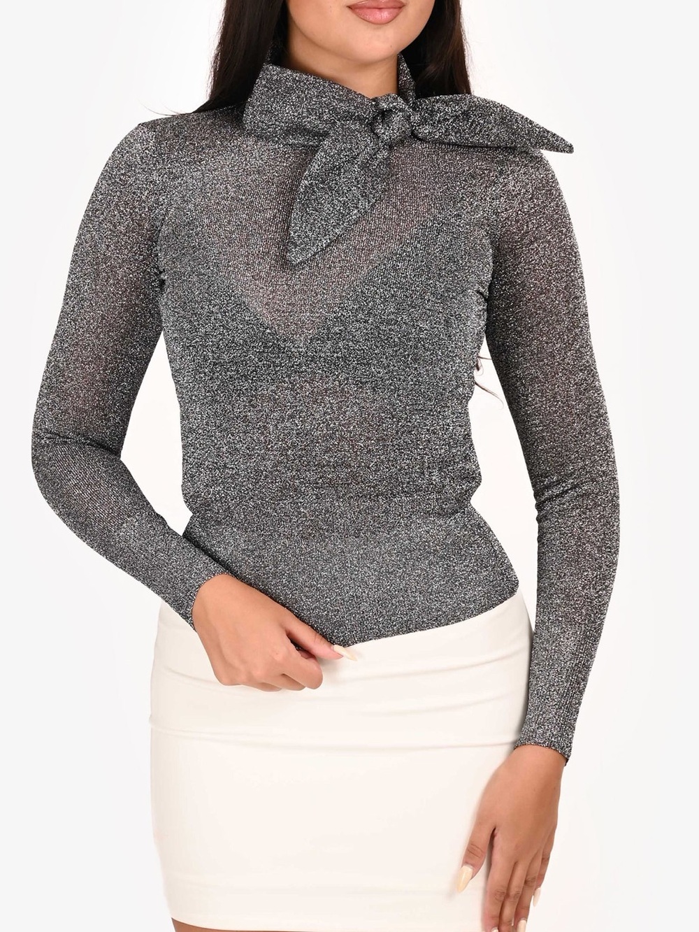 Isabel Marant Adil Tie Neck Bow Silver metallic Sweater Semi Sheer Knit Top - 36